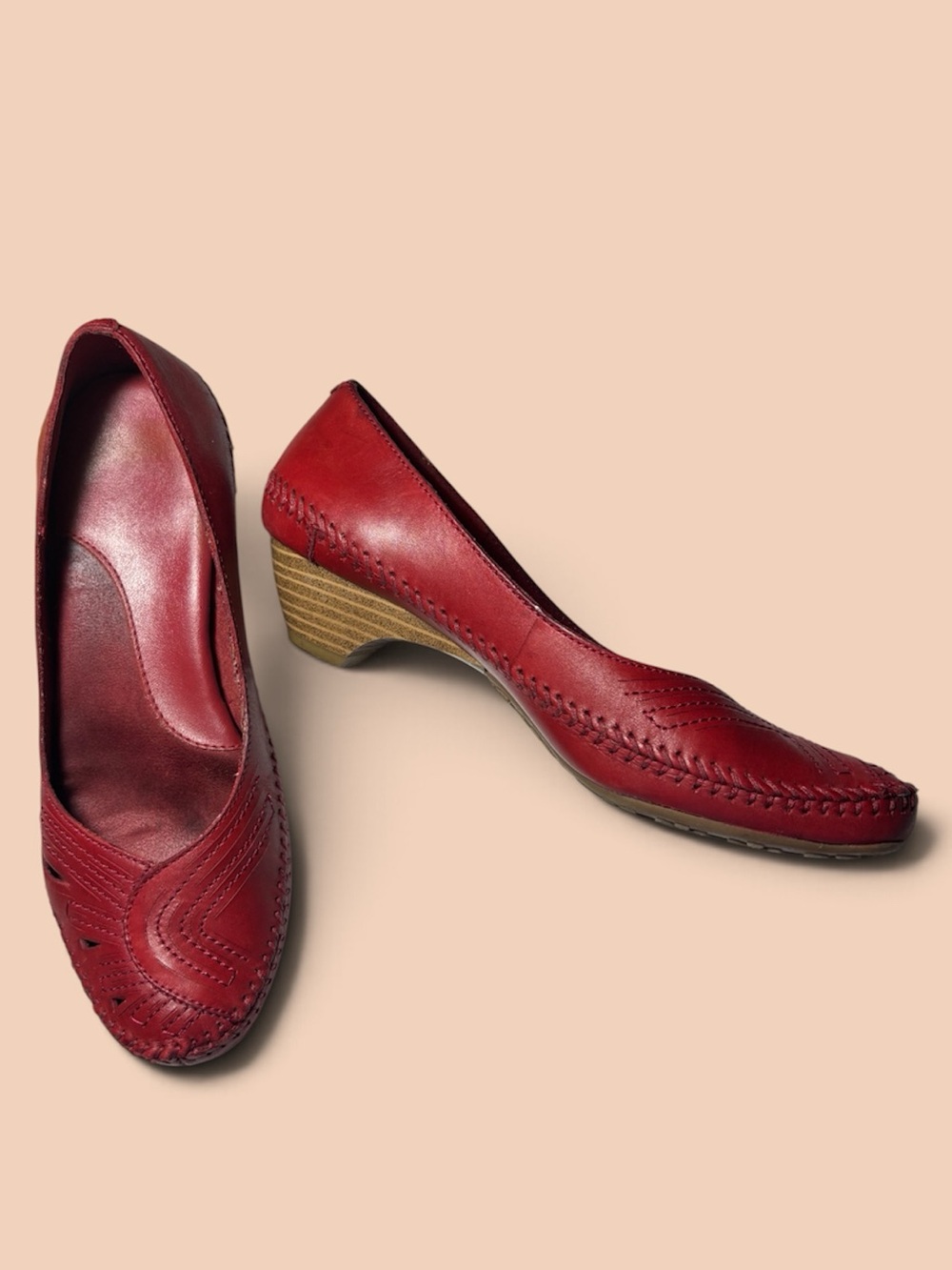Women’s Red Leather Low Wedge Pumps